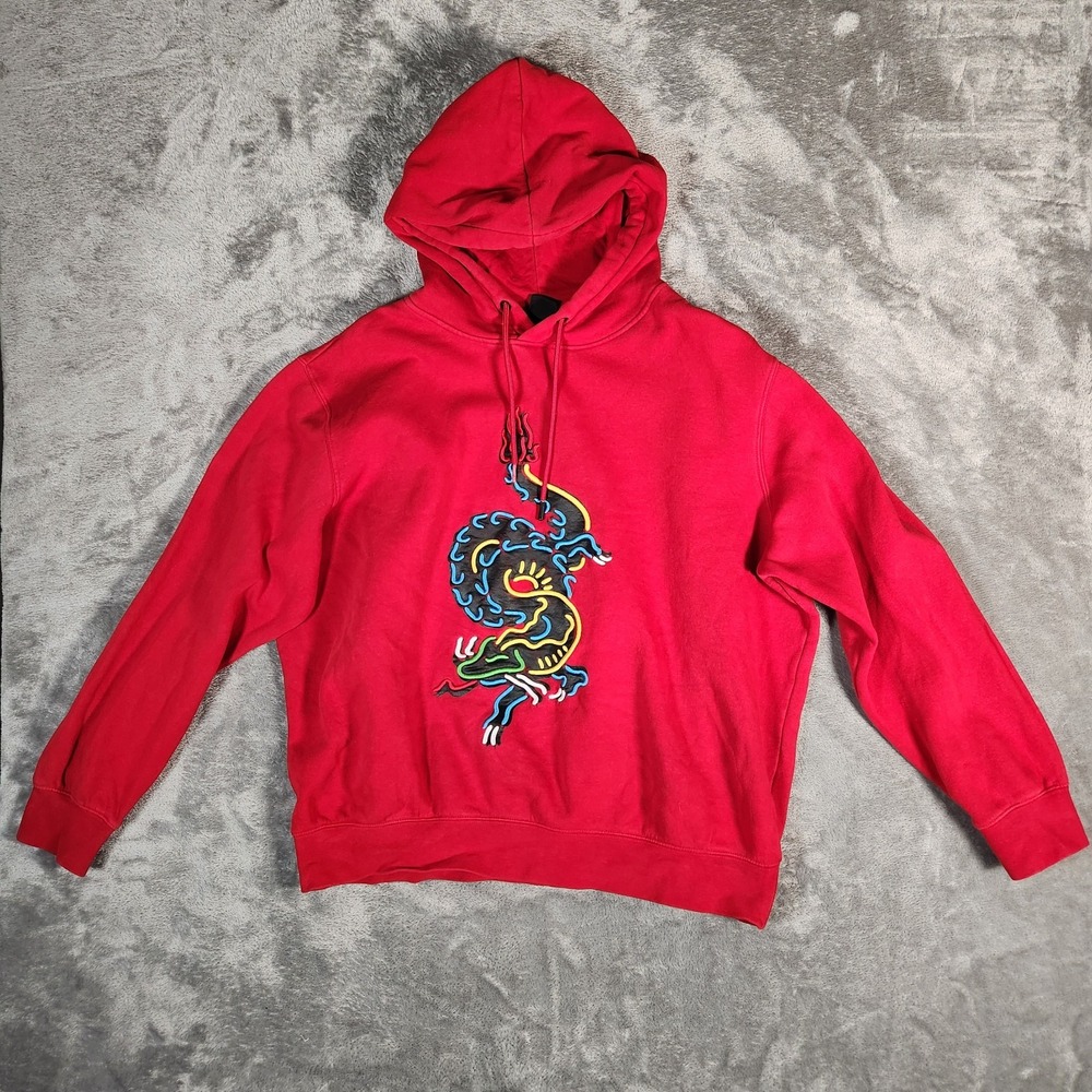 H&M Hoodie Men Large Red Dragon Graphic Red EUC